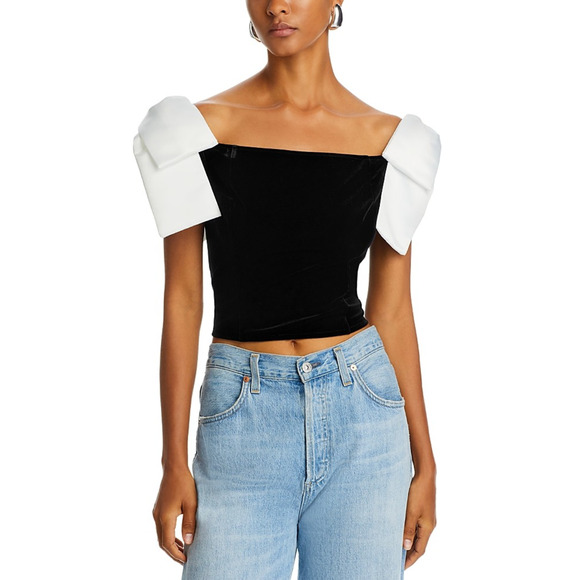 French Connection Women Carey Velvet Bow Sleeve Top Blackout Size 4 - Picture 1 of 6